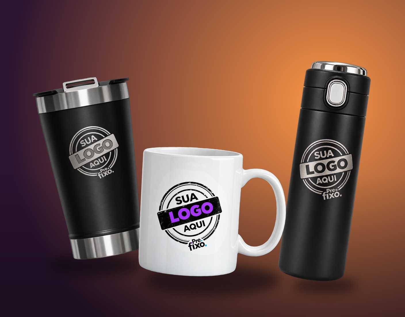 Copo térmico, caneca de cerâmica e garrafa inox personalizados pela Prefixo